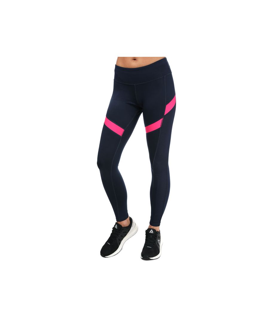 Womens Reebok Workout Ready Mesh Leggings in navy.- Mid rise.- Mesh panels.- Speedwick fabric wicks sweat.- Interlock.- Fitted fit.- Main Material: 91% Polyester (Recycled)  9% Elastane. Machine washable. - Ref: FU2349