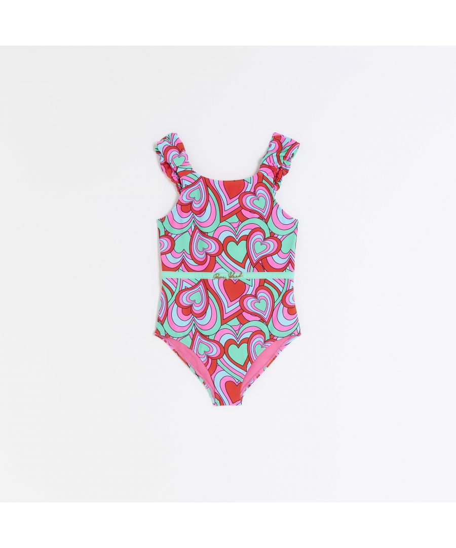 River Island Girls Swimsuit Green Heart Print Frill Nylon - Size 15-16Y