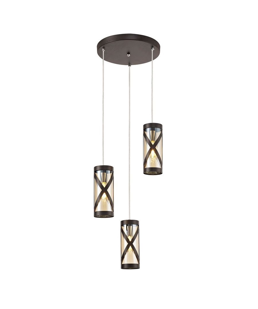 3 Light Round Ceiling Pendant E14, Oiled Bronze, Polished Chrome, Amber | Finish: Oiled Bronze, Polished Chrome | Shade Finish: Amber | IP Rating: IP20 | Min Height (cm): 25 | Max Height (cm): 125 | Diameter (cm): 32 | No. of Lights: 3 | Lamp Type: E14 | Dimmable: Yes - Dimmable Lamps Required | Wattage (max): 40W | Weight (kg): 1.8kg