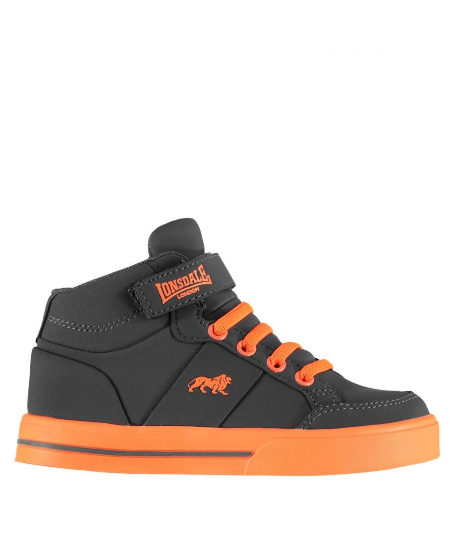 <strong> Lonsdale Canons Childrens Hi Top Trainers</strong><br><br> \nThese Lonsdale Canons Childrens Hi Top Trainers benefit from having a cushioned insole and padded ankle collar for great comfort, whilst the hook and loop fastening supplies a secure and easy fit and the textured sole with pivot point ensures you get brilliant traction and freedom of movement. \n\n<br><br>> Childrens Trainers\n<br>> Hook and loop fastening\n<br>> Cushioned insole \n<br>> Stitched detailing\n<br>> Faux elasticated laces\n<br>> Padded ankle collar\n<br>> Gripped sole\n<br>> Lonsdale branding \n<br>> Upper: Leather, Lining: Textile, Sole: Synthetic \n<br>> Wipe clean with a damp cloth