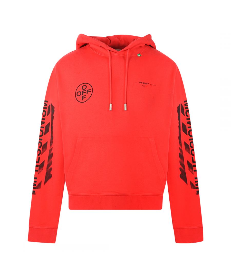 Off-White Red Hoodie. Diag Spray Design On Back and Arms. OFF Logo On Front. Drawstring Adjustable Hood. Style Code: OMBB034R190030152010