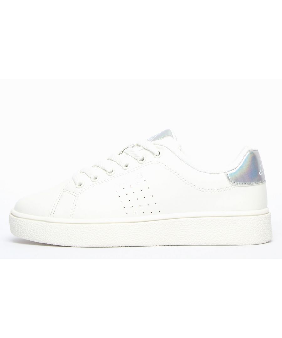In a chic white upper with holographic colour changing detailing, these Logo San Remo trainers from Kappa provide a stylish addition to your street wear wardrobe. With a cushioned tongue, heel, and ankle collar combined with the textured rubber outsole, these San Remo trainers promise comfort, support, and traction with every wear. The iconic Kappa logo adorns the tongue and heel of the shoe in an on-trend holographic panel, ensuring head-turning looks every time you step out. \n - Synthetic upper \n - Padded tongue, heel, and ankle collar\n - Holographic colour changing panels\n - Full lace up closure for a secure fit\n - Durable outsole provides excellent surface grip\n - Kappa branding throughout