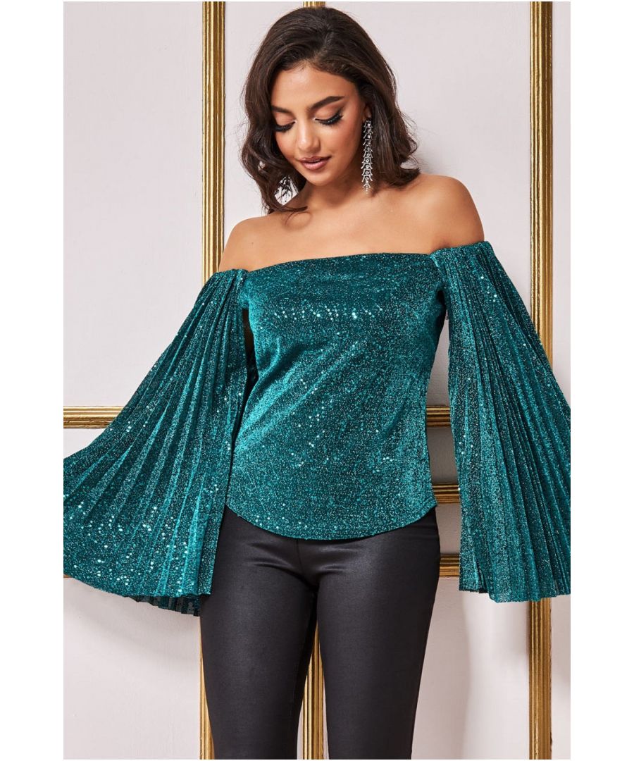 Goddiva Womens Sequin Lurex Bardot Pleated Sleeve Top - Teal Leather - Size 8 UK