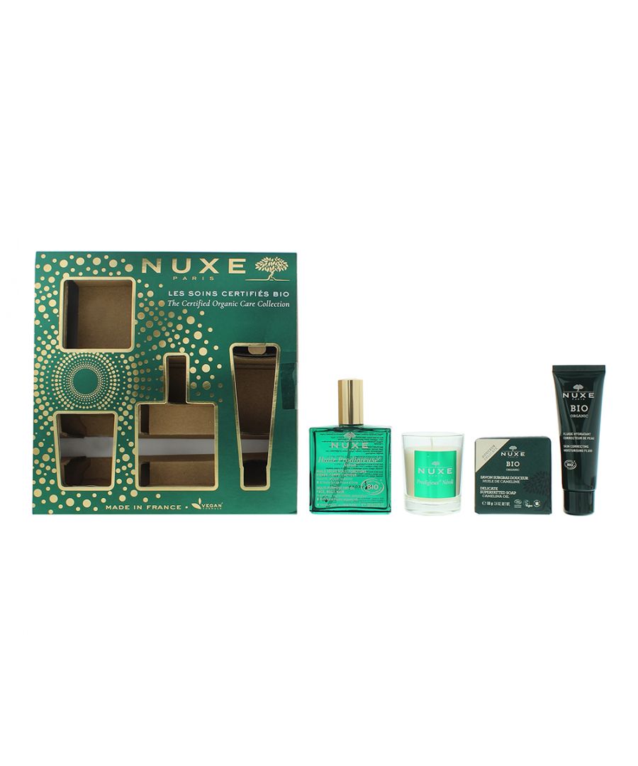 Nuxe The Certified Organic 4 Piece Gift Set will tune all your senses with soothing notes of Neroli leaving you relaxed and your skin beautifully refreshed and soft and your senses relaxed. This set contains Huile Prodigieuse Neroli 100 ml, Nuxe BIO Skin Correcting Moisturising Fluid 50 ml, Gentle Surgras Soap, NUXE Organic 100 gms and Prodigieux Neroli Indoor Candle 70 g