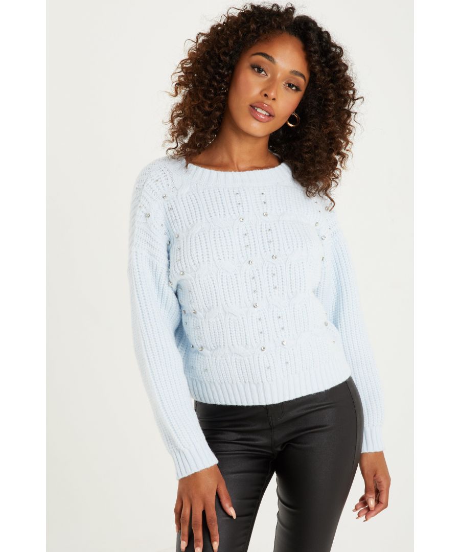 - Cable knit  - Embellished detail  - Round neck  - Length: 60cm approx  - Model Height 5' 7½
