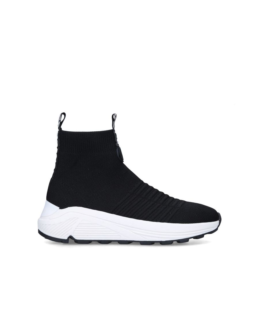The Loaded Knit Hi Top features a sock style knitted upper. There are two KG Kurt Geiger logo printed on ribbed textile with a print stitch detailing tabs at the ankle and black rubber monocle with the KG Kurt Geiger logo on the front. This product is registered with The Vegan Society.