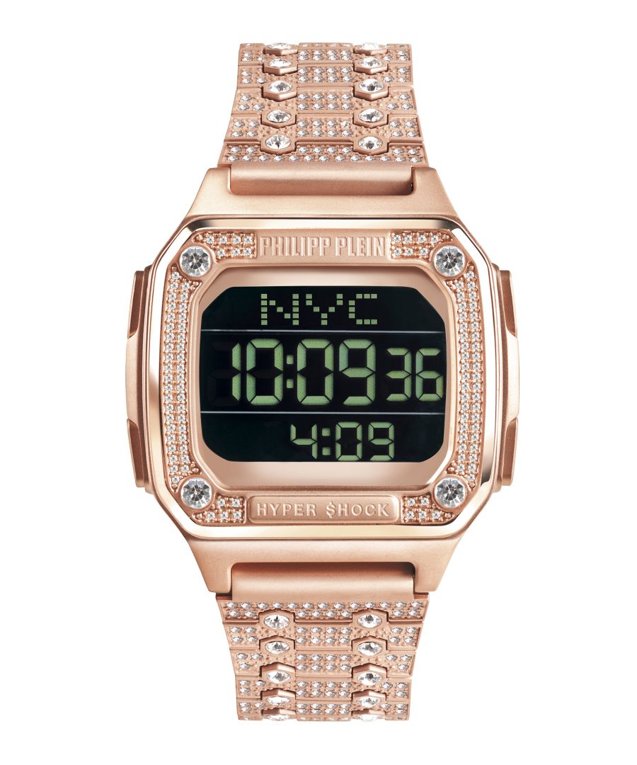 This Philipp Plein Hyper $hock Digital Watch for Women is the perfect timepiece to wear or to gift. It's Rose gold  Rectangular case combined with the comfortable Rose Gold Stainless steel watch band will ensure you enjoy this stunning timepiece without any compromise. Operated by a high quality Quartz movement and water resistant to 5 bars, your watch will keep ticking. This casual and modern watch is perfect for all kind of casual activities, indoor activities or daily use, it's also a great gift for family and friend.  -The watch has a calendar function: Day-Date, Stop Watch, Timer, Alarm, Light High quality 19 cm length and 22 mm width Rose Gold Stainless steel strap with a Fold over with push button clasp Case Measurement: 40x44 mm,case thickness: 12 mm, case colour: Rose Gold and dial colour: Black