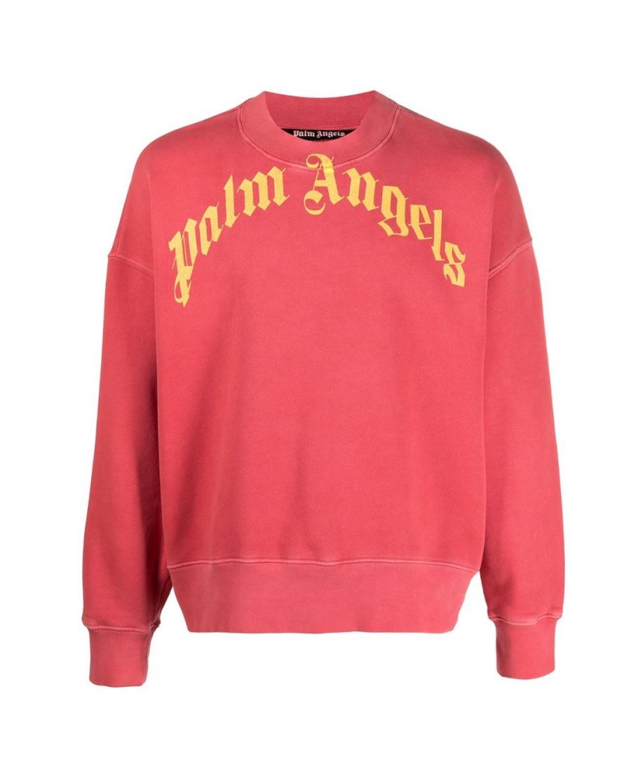 Palm Angels Logo Crew Red Sweater. Palm Angels Logo Crew Neck Jumper. Oversize Box Fit. Palm Angels Signature Gothic Print Logo Across The Chest. 100% Cotton, Made In Italy. PMBA026R21FLE0062518