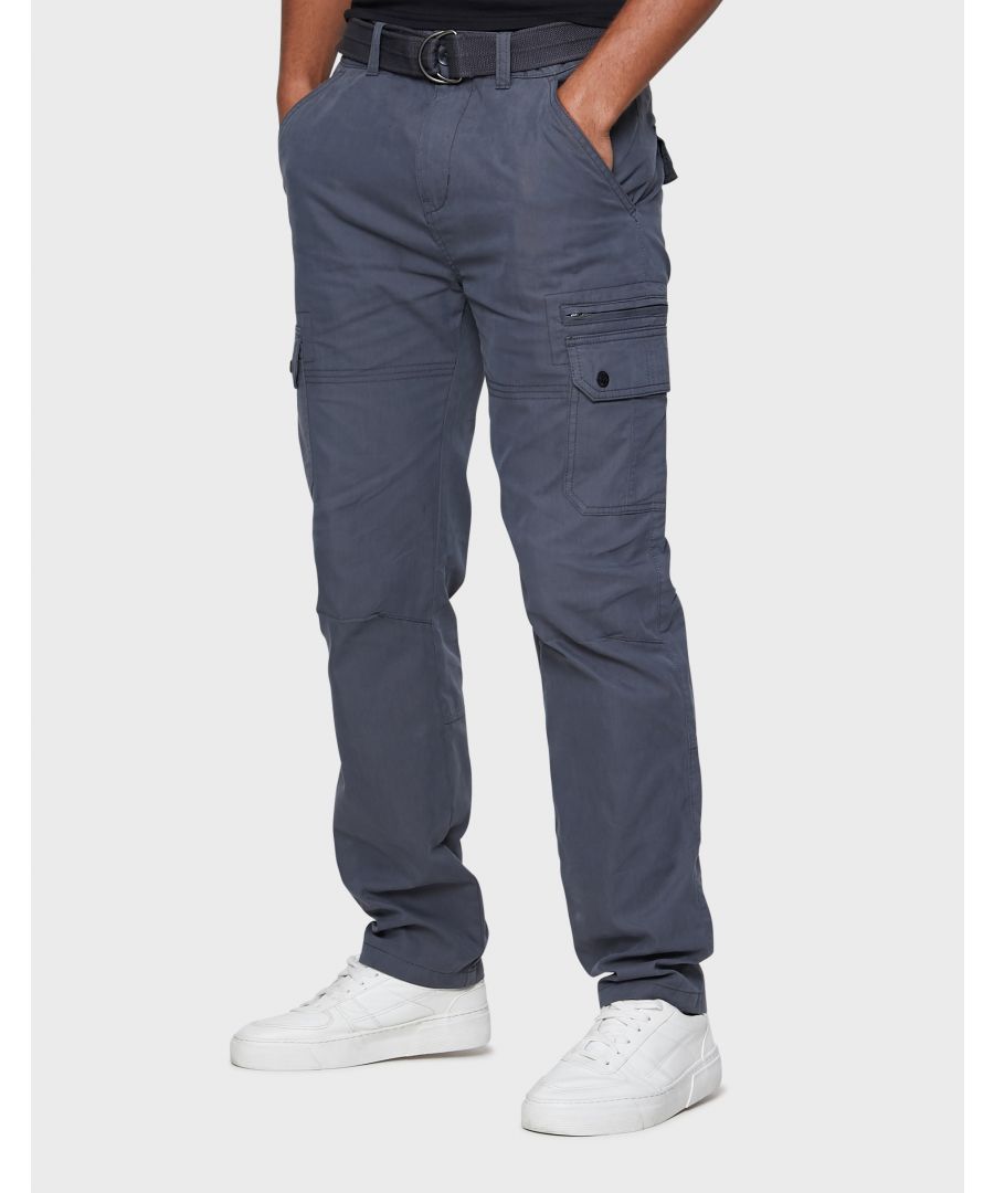 These regular fit cargo trousers from Threadbare are a great staple piece for any casual wardrobe. Made in a cotton blend fabric for a comfortable feel, they are zip fastened and come with a canvas belt, have two front pockets, two back pockets and two cargo pockets on the thighs. Other colours available.