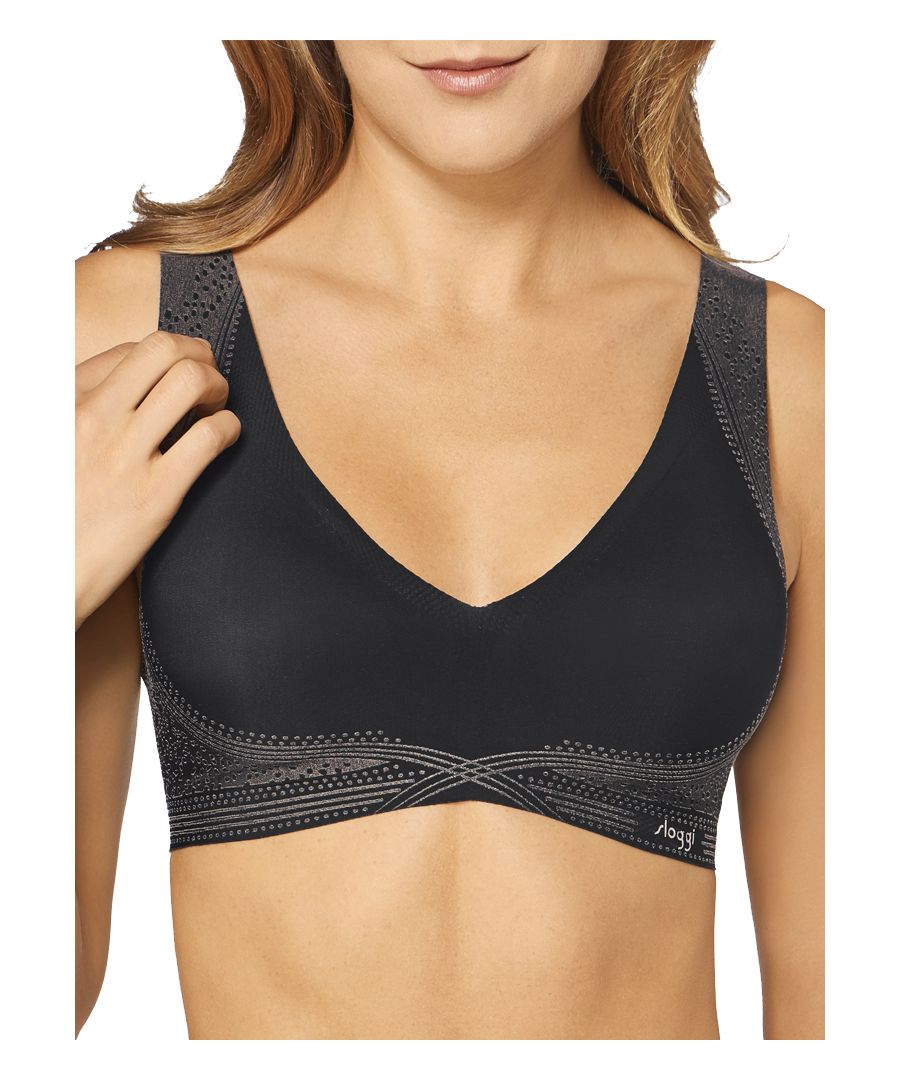 Sloggi ZERO Feel range is made from a luxuriously soft, lightweight fabric made from multi-stretch Japanese fabric for an ‘unfeelable feeling’ and complete comfort.  Featuring flat edges and flat dot-bonded seams for an invisible and no VPL look under clothing. This bralette features soft removable padded cups for a flattering fit.  Complete with re-enforced dot-bonding on the straps and on the under bust band. The laser cut printed sections offer extra support where needed. Perfect for everyday wear and ultimate comfort as the fabric does not dig in. Please note the laser cut pattern is not as vivid as seen in the photos. Size Guide: XS (8), S (10), M (12), L (14), XL (16).