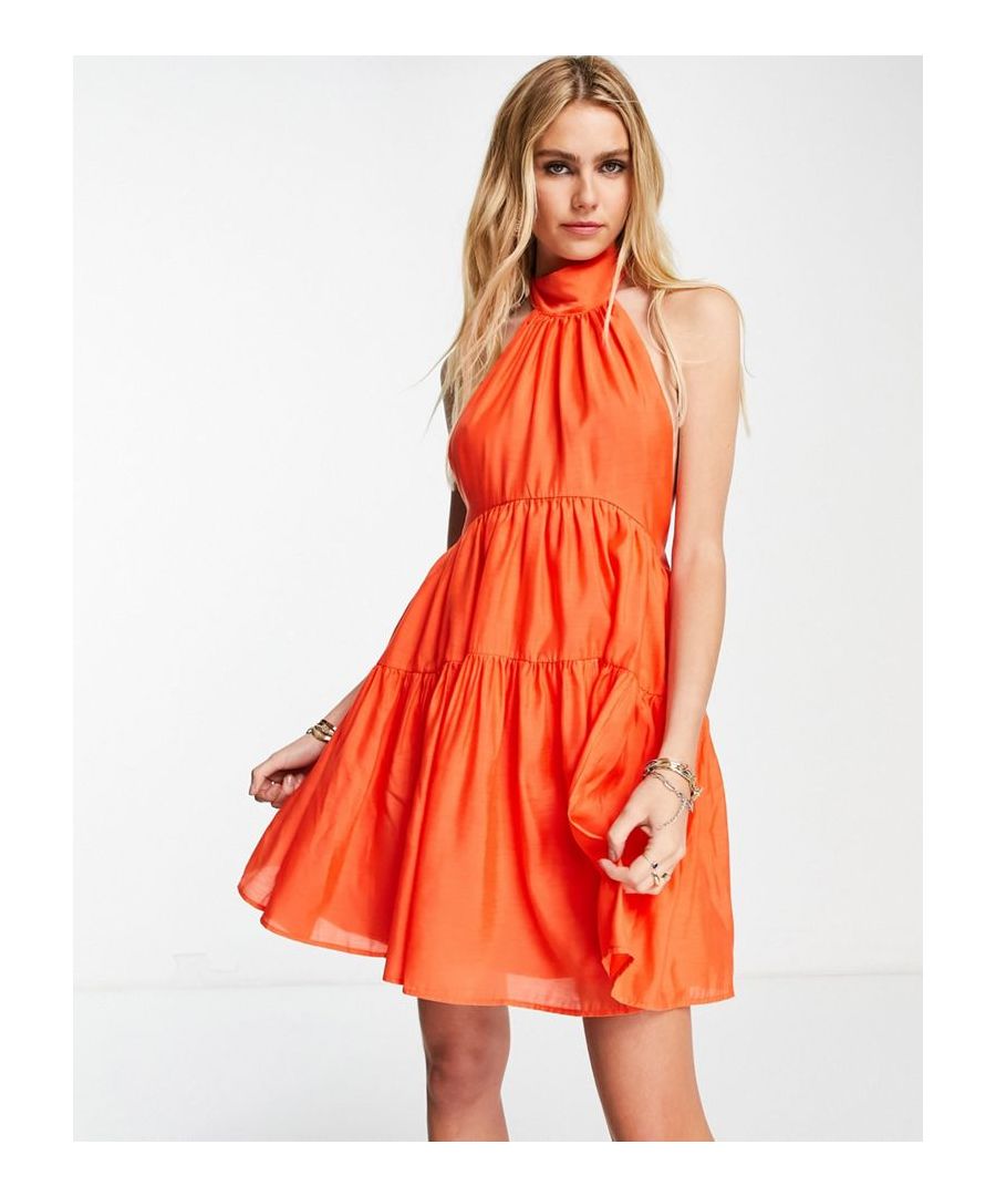 Mini dress by ASOS DESIGN We see this dress in your future Tiered design Halterneck with tie fastening Stretch-back waist Open back Regular fit Sold by Asos