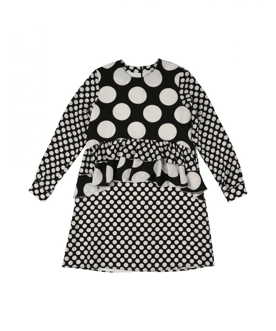 crepe, ruffles, polka-dot, round collar, long sleeves, no pockets, buttoned cuffs, rear closure, zip, fully lined