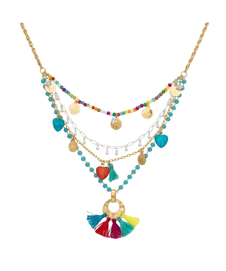 Want to make a fashion statement? Transform your day to evening outfits? Our Bibi Bijoux Gold Multi Coloured Nomad layered necklace creates a look that is all you so you stand out from the crowd in this quirky yet stylish multi-layered chains and bright pop tone charms in turquoise and orange that will add fun to any outfit. This stylish jewellery piece comes on a single necklace with layers. This gold tone plated necklace shortest layer measures 16inch with the longest row siting at 18inch. The single necklace features a lobster clasp fastening and 3 inch extender chain. Presented in a BB pouch to keep safe or for perfect gifting!