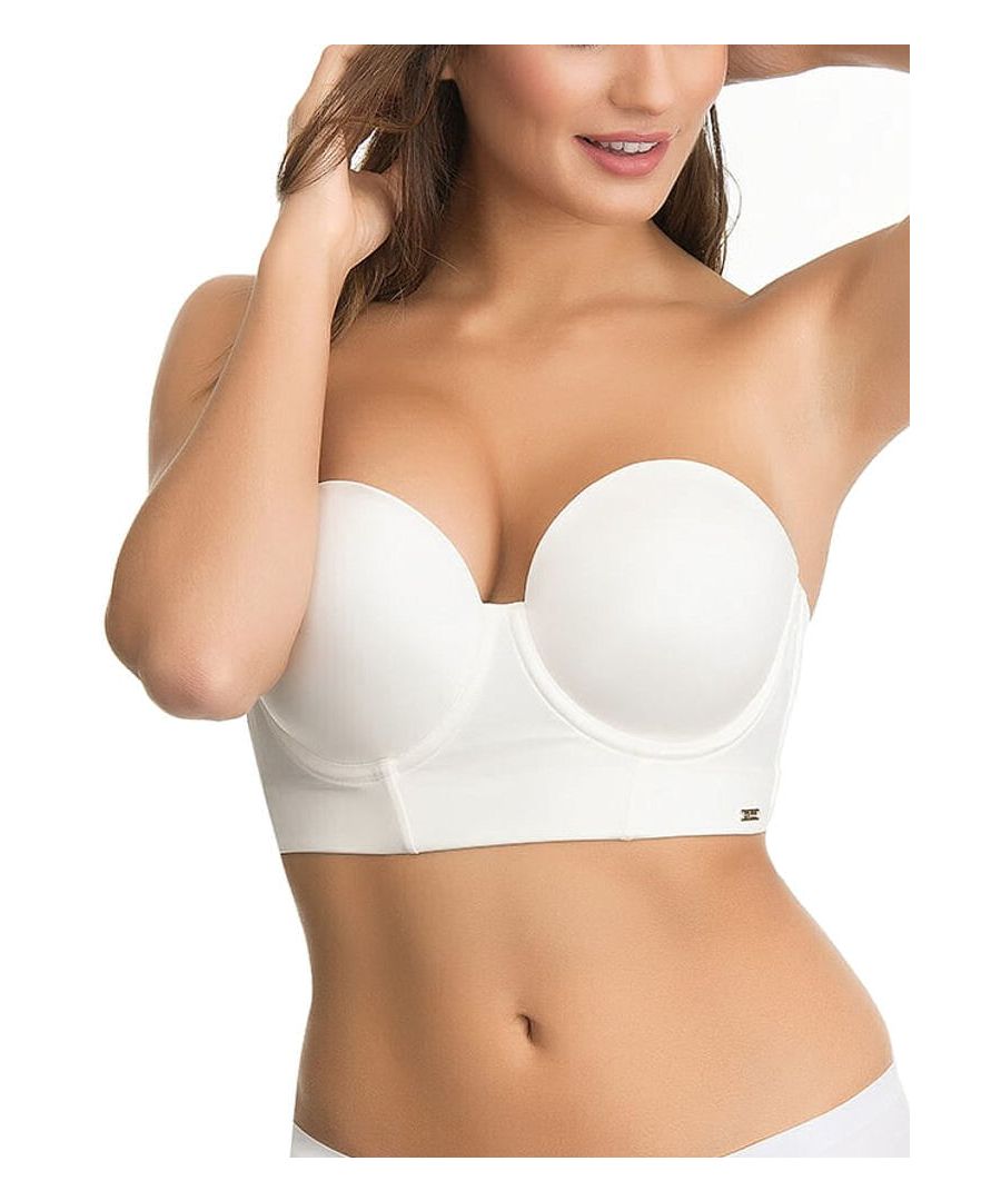 This low-back strapless longline fuller bust underwired bra offers unrivalled support and shape with an extremely low cut back.   This stunning shape provides a seamless silhouette and a beautiful base under your favourite clothes.   This bra offers a natural cleavage boost and has soft microfibre foam cups.  The gripper elastic on the inside edges makes this bra for great anchorage and support.