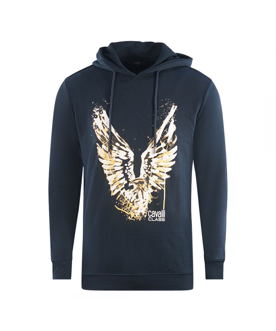 Cavalli Class Mens Golden Eagle Logo Navy Blue Hoodie - Size 3XL
