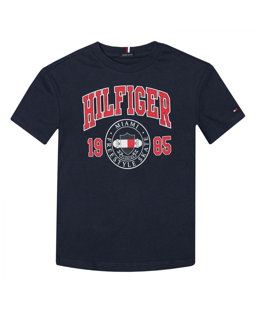 Infant Boys Tommy Hilfiger Logo T- Shirt in navy.- Crew neck.- Short sleeves.- Tommy Hilfiger logo on chest.- Tommy Hilfiger flag embroidery on sleeve.- Main Material: 100% Cotton. Machine washable.- Ref:KB0KB06519C87