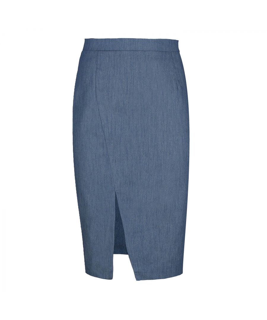 This pencil skirt is crafted in blue stretch denim style fabric in earthy shades. It has a 4cm wide waistband in the same fabric with darts below in the back. There is an off-centre slit in the front. It fastens in the back with a concealed zip. This pencil skirt is knee length and has a blue lining. Heels and an off-shoulder top will take this skirt and you for a night on the town! This skirt is eco-friendly.
