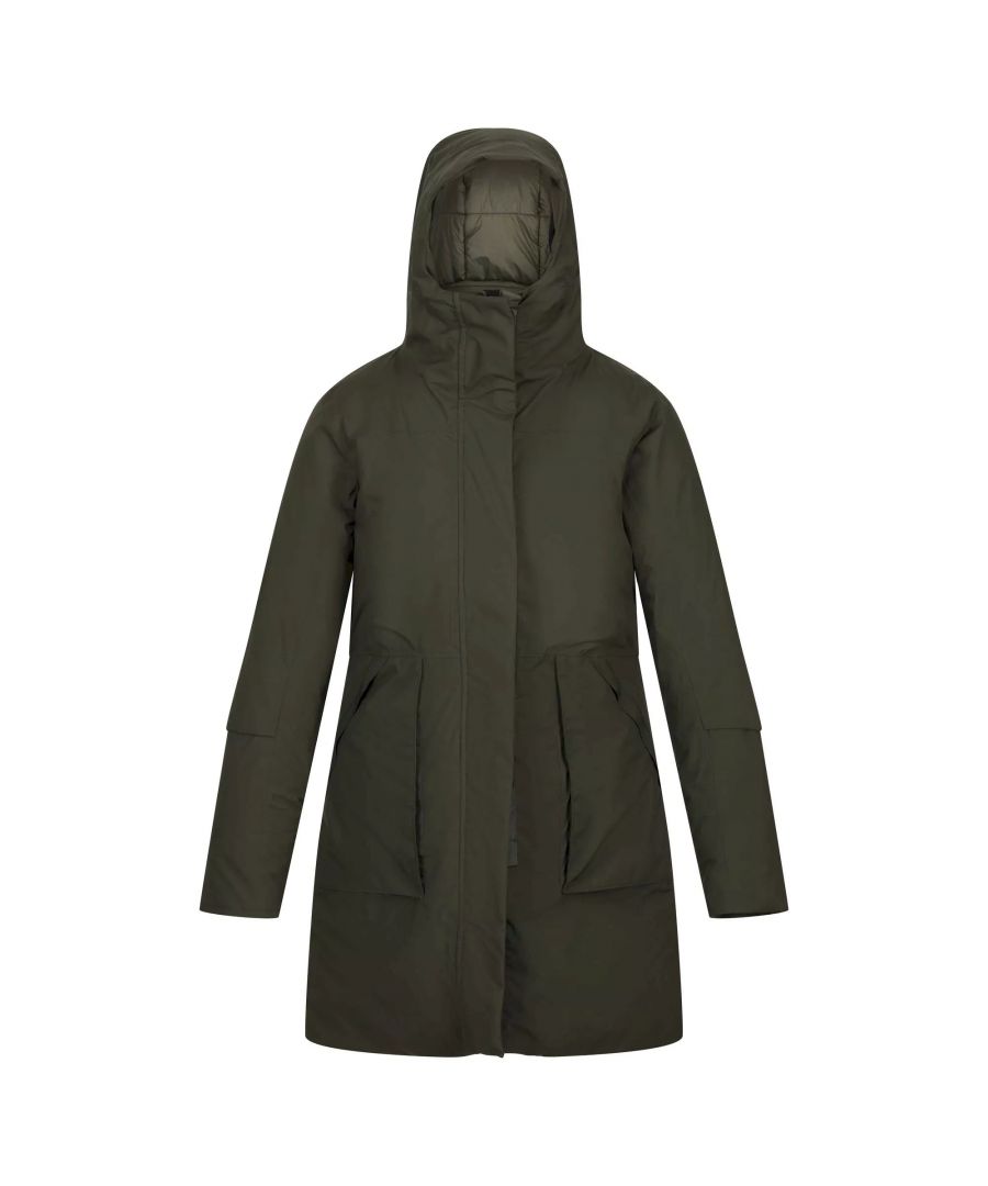 Material: 100% Polyester. Filling: Feather-Free. Lining: Polyamide, Quilted. Fabric: Stretch. Design: Logo, Plain. Fabric Technology: Breathable, DWR Finish, Heavyweight, High Warmth, Isotex 8000, Waterproof, Windproof. Insulated, Taped Seams. Neckline: Hooded, Zip Neck. Cuff: Inner Ribbed. Sleeve-Type: Long-Sleeved. Hood Features: Concealed Toggle Adjuster, Grown On Hood. Length: Hip Length. Pockets: 2 Patch Pockets. Fastening: Full Zip, Stud. 8000g/m²/24hrs. Sustainability: 0% Animal Ingredients, Cruelty Free, Made from Recycled Materials. Waistline: Adjustable, Drawcord.