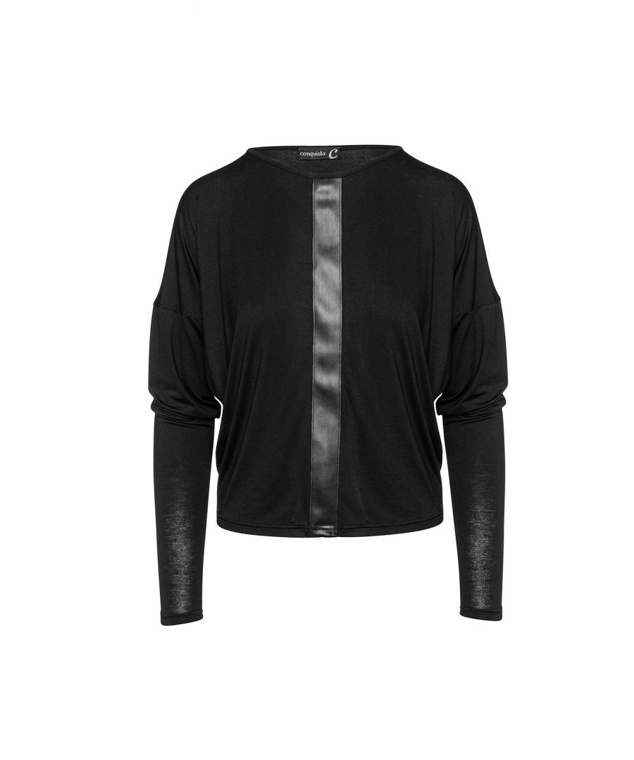 Image for Black Batwing Top with Faux Leather Detail