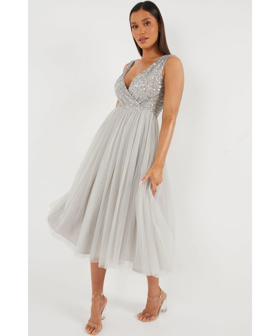 Quiz Sequin Midi Dress, Grey, Size 12, Women|12