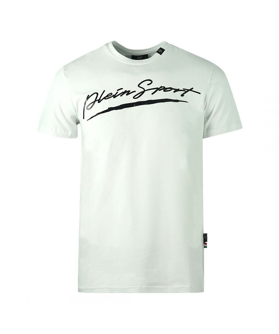 Philipp Plein Sport Signature Logo White T-Shirt. Philipp Plein Sport White T-Shirt. Stretch Fit 95% Cotton, 5% Elastane. Made In Italy. Plein Branded Badges. Style Code: TIPS108 01