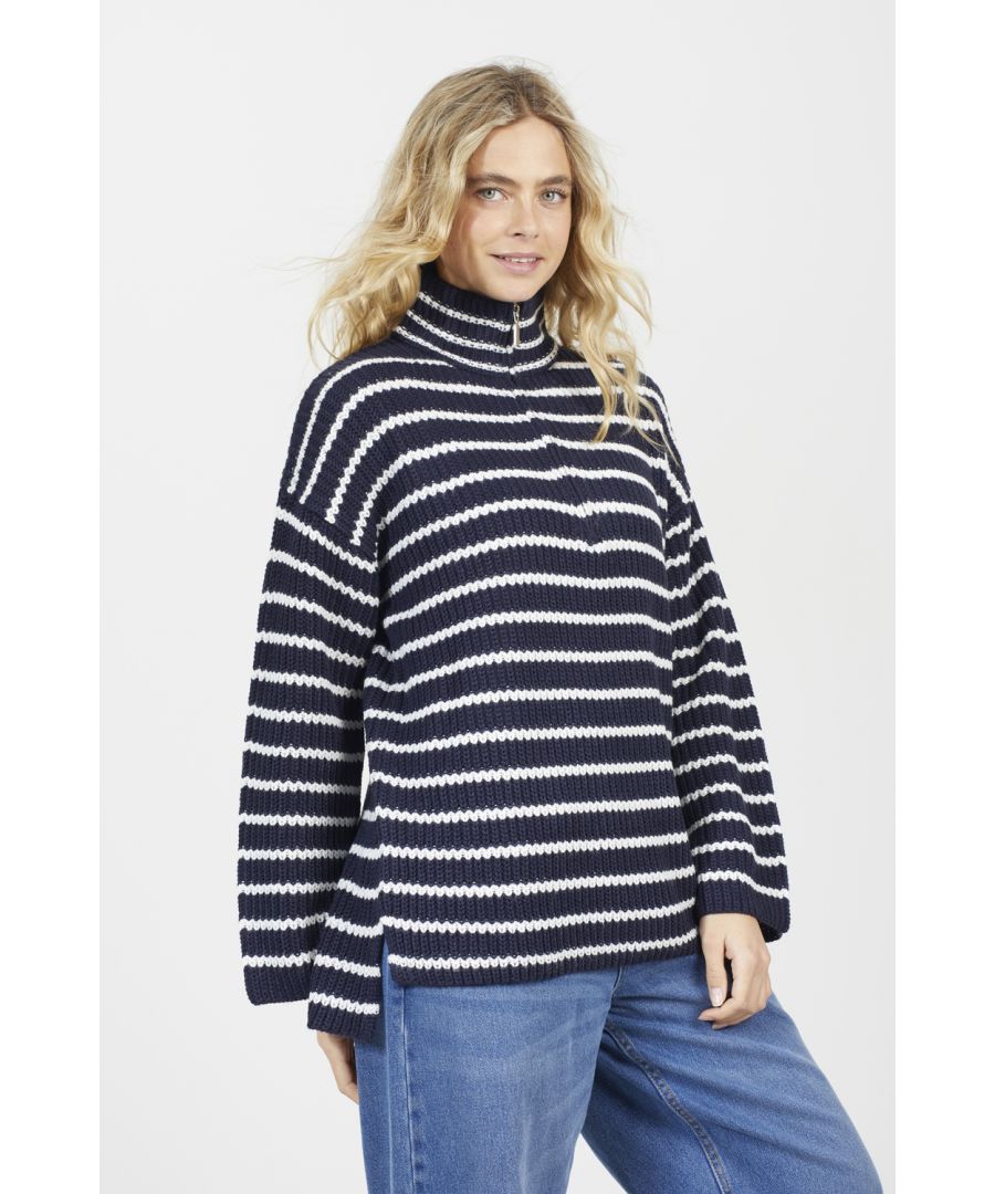 Brave Soul Womens Navy Striped Fisherman Knit Zip Neck Tunic Jumper - Size X-Small