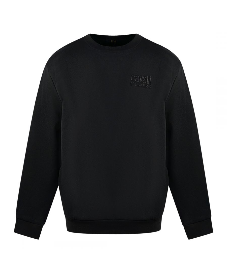Cavalli Class Print Logo Black Jumper. Roberto Cavalli Black Crew Neck Jumper. Roberto Cavalli Branding. 65% Polyester, 35% Cotton. Ribbed Sleeve and Waist Endings, Made In Italy. Style: QXT66A CF062 Black