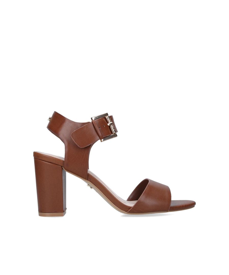 Crafted in tan, this Sadie sandal features a wide strap at the ankle with a statement buckle, and sits on a block 70mm heel that tapers towards the base.