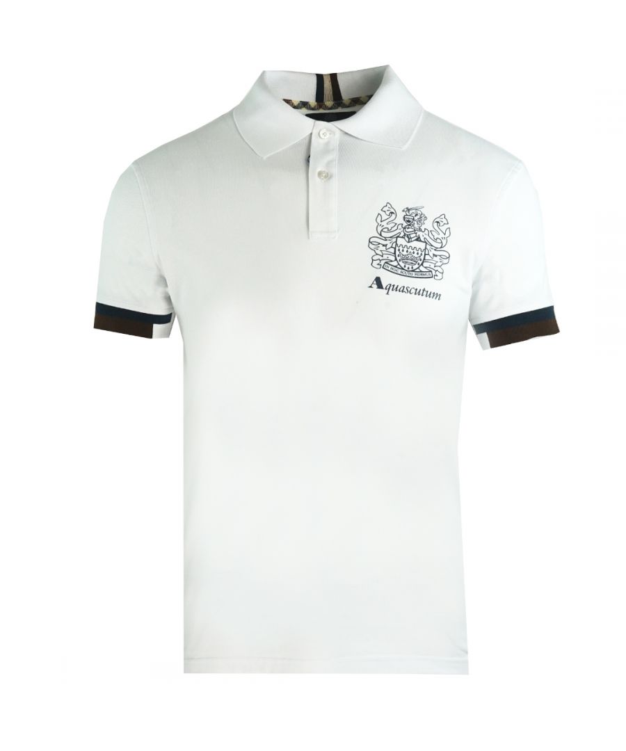 Aquascutum Aldis Crest Brand Logo White Polo Shirt. Branded Logo, Short Sleeves. Stretch Fit 95% Cotton 5% Elastane. Regular Fit, Fits True To Size. QMP023 01