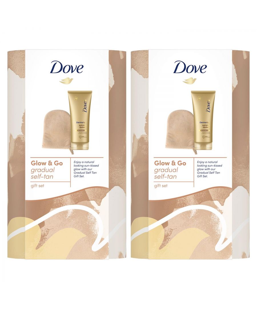 Dove Glow & Go Gradual Self Tan Lotion & Application Mitt Gift Set for Her 2 PK \n\nKnow someone who loves a natural-looking tan and superior skin care? You've just found the perfect gifts for her. For a sun-kissed appearance without the sunshine, the Dove Glow & Go Gradual Self Tan Gift Set offers a bronzed radiance all year round. Dove DermaSpa Summer Revived Fair to Medium Gradual Tanning Lotion combines the luxury of a home spa experience with extensive expertise in dermatological care. With self-tanners for a natural bronze glow, this self-tan lotion will leave her feeling her best whilst also working as a moisturiser providing 72h active hydration to her skin. \n\nThis set of gifts for women also features a tan application mitt designed specially to make all-over tan coverage easier. Help her look and feel her best no matter the occasion with this selection of pampering gifts from Dove. \n\nFeatures: \nCombines the luxury of a home spa experience \nContaining Cell-Moisturisers and natural-looking tanners \nLeaving skin feeling nourished and smooth for up to 72 hours \nThe tanning moisturiser provides a natural-looking bronze glow \nThis Dove gift set is beautifully packaged in a ready-to-wrap gift box \nThe tanning lotion allows a healthy-looking tan to gradually build over time \nFeaturing a tan application mitt designed specially to make all-over tan coverage easier \n\nHow to use: A smooth surface helps get a more even finish, so start by exfoliating your skin. To enjoy smooth, moisturised skin with a natural-looking tan, massage the lotion evenly over clean, dry skin with circular motions. \n\nEach Gift Set Includes: \n1x Dove DermaSpa Summer Revived Fair to Medium Tanning Lotion, 200ml\n1x Tan Application Mitt