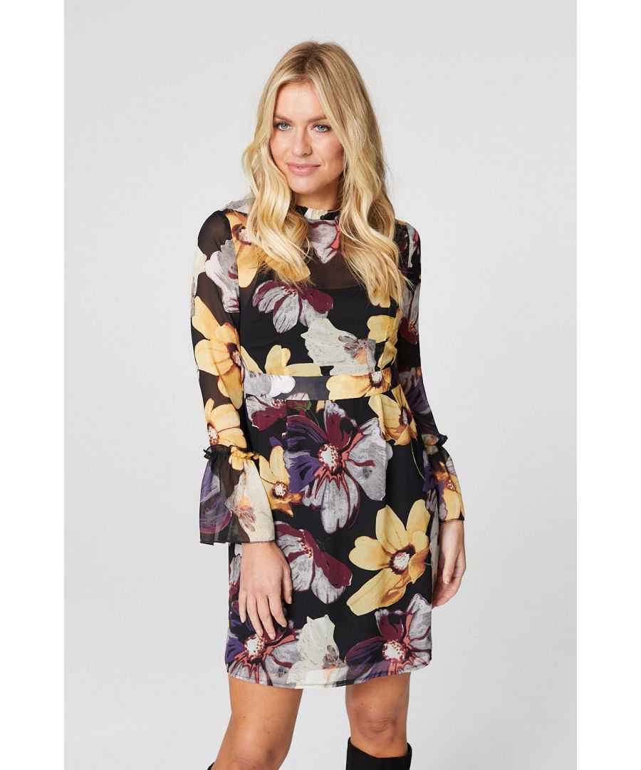 Add a vibrant floral skater dress into the mix with this style. With a round neck, long sheer flared cuff sleeves, a flattering skater shape and an above the knee fit. Pair with black heels and an oversized faux fur coat for a glam dinner look.