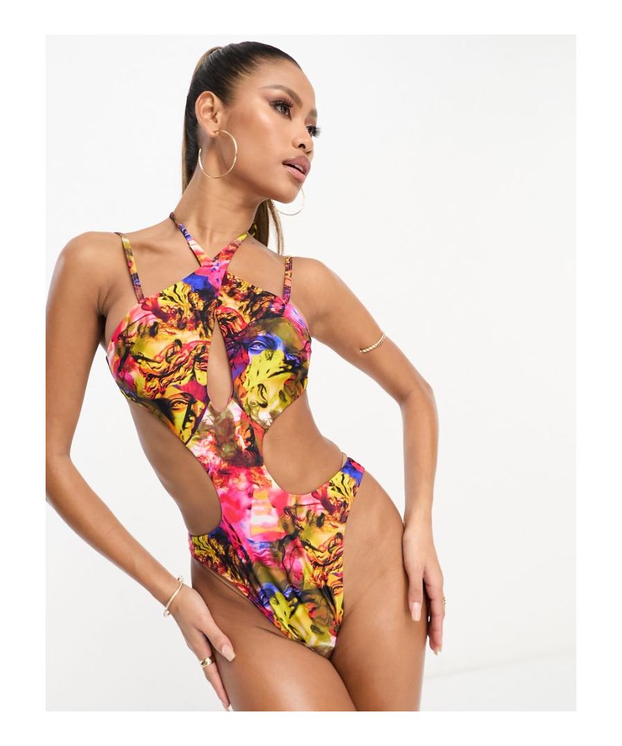 ASOS DESIGN Womens cross neck cut out swimsuit in vibrant abstract graphic print-Multi - Multicolour - Size 18 UK