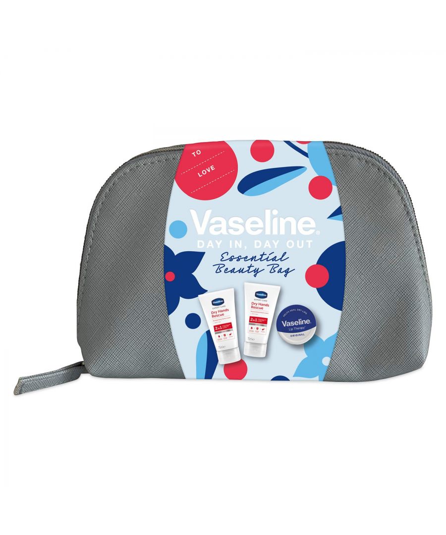 Vaseline Day In Day Out Hand & Lip Care Essentials Beauty Bag 3pcs Gift Set\n\nThis Vaseline set was put together to include our famous lip balm and two Expert Care Dry Hands Rescue Hand Creams. This trio gift set is tucked in a handy beauty bag, perfect for someone who is always on the go. Help your loved ones restore and protect their skin and lips day in, and day out with Vaseline.\n\nLip Therapy Original: Vaseline Lip Therapy Original Tin helps lock in moisture for soft, smooth and healthy-looking lips. Unscented and made with Vaseline Jelly, its non-sticky, non-greasy formula makes it perfect for daily use.\n\nFeatures:\n\nHelp soothe and heal dry lips by locking in moisture\nMade with Vaseline Jelly and designed to protect the skin on your lips\nProvides the long-lasting moisturization your lips need\nThe unscented, non-greasy, non-sticky formula is perfect for your daily lip care routine\nClinically proven to help heal dry lips\nProvides immediate relief to discomfort and gives lips a natural, glossy shine\n\nHand Cream: Formulated with moisturizing glycerin, replenishing pro-lipids, and micro-droplets of Vaseline Jelly to soothe dry and rough skin. It is great for use after frequent handwashing.\n\nFeatures:\n\nA deeply powerful moisturizing hand cream best for rough and dry skin.\nA clinically proven formula that heals dry hands after first use.\nRepairs dry skin as it is formulated with Glycerin that draws and binds moisture to the skin\nA creamy lotion that is dermatologist-tested and fragrance-free\n\nHow to Use:\n\nLip Therapy: Dip your finger into the tin and scoop out just enough to cover the tip. Spread across dry lips until absorbed as needed. Use it regularly for best results.\nHand Cream: Squeeze the hand cream from the tube and rub it on your hands until fully absorbed. Repeat as required throughout the day, especially after washing your hands.\n\nGift Set Includes:\n1x Vaseline Lip Therapy Original, 20g\n2x Vaseline Anti-bac Hand Cream, 75ml
