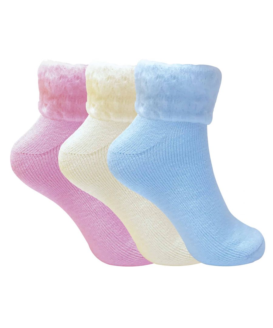 3 Pack Colourful Bed Socks  Wearing socks to bed is known to provide you with a better night’s sleep, and having socks that will keep you warm and comfortable is the best way to ensure this. Whether you’re wearing them for bed or simply around the house, these socks are guaranteed to keep your feet warm & cosy.  These socks have a soft and fluffy brushed inner, that will help to trap warmth closer to the skin. This trapped warm air will keep feet toasty warm all night long, while also being extra soft against the skin to avoid irritation. These are a great gift for a special lady in your life, or a treat for yourself.  Having a turn over top helps to keep the socks secure around the ankle and adds an extra bit of style to the socks. They are available in 3 pairs, with one of each colour; baby pink, light blue, and cream.  These socks are available in a size 4-7 UK, 5-8 US, 37-40 EUR. They are sold in a 3 pack of assorted colours. The material composition is 90% Acrylic / 10% Polyester and they are machine washable.  Extra Product Details  - 3 pairs - Bed / lounge socks - Assorted colours - Turn over cuff - Fluffy brushed inner - Size 4-7 UK, 5-8 US, 37-40 EUR - Material: 90% Acrylic / 10% Polyester - Machine Washable