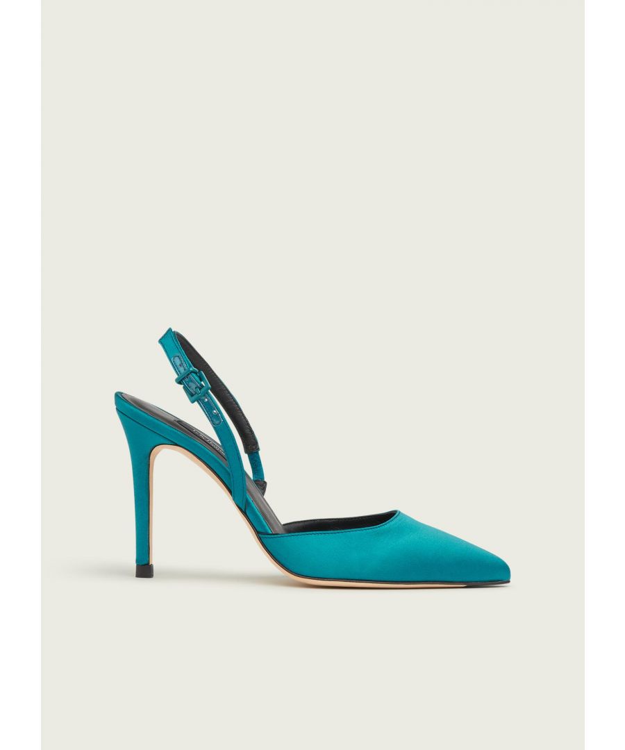 Designed with summer occasions and dressy evenings in mind, our Hayden slingbacks are sleek, sexy and stylish. Crafted in Spain from luxurious turquoise satin, these beautifully-cut shoes have a pointed toe, a slingback, an 80mm stiletto heel and a glamorous black lining. Wear them with elegant dresses or slick tailoring to all the season's events, parties and weddings.