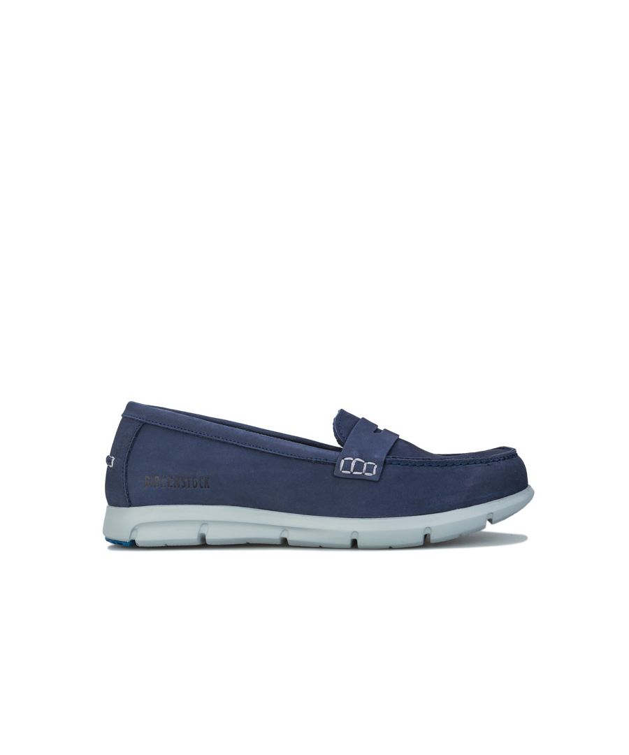Womens Birkenstock Saitama Nubuck Shoes Narrow Width in blue.<BR><BR>- Nubuck leather upper.<BR>- Slip-on toe thong construction.<BR>- Hand stitched moccasin toe.<BR>- Slip-on construction.<BR>- Removable  anatomically formed cork-latex footbed.<BR>- Narrow fit.<BR>- EVA outsole.<BR>- Leather upper  Leather lining  Synthetic sole.<BR>- Ref.: 0544143