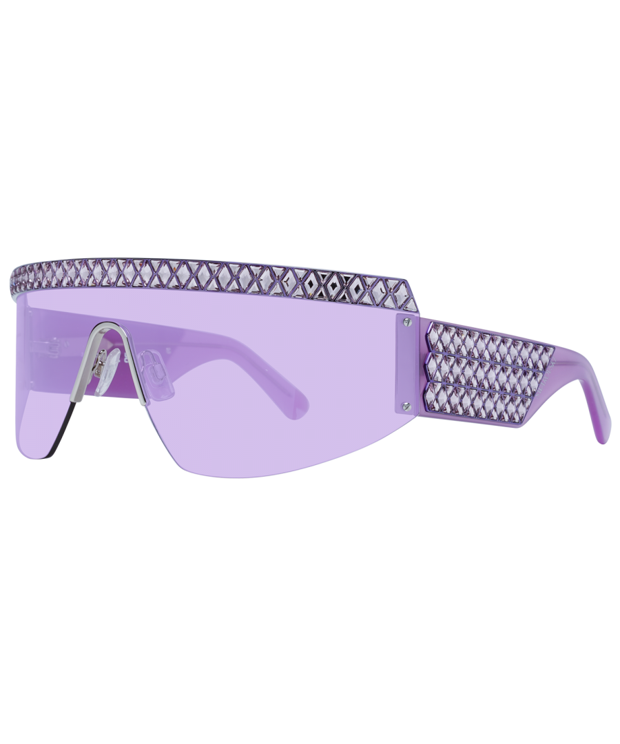 Swarovski Sunglasses SK0363 75Z 00\nGender: Women\nMain color: Purple\nExtra: No extra\nFrame color: Purple\nFrame material: Metal\nLenses color: Purple\nLenses material: Plastic\nFilter category: 1\nStyle: Mono Lens\nLenses effect: Mirrored\nProtection: 100% UVA & UVB\nSize: 00-0-115\nLenses width: 177\nLenses height: 55\nFrame width: 177\nTemples length: 115\nSpring hinge: No\nShipment includes: Branded case\nRim style: Rimless