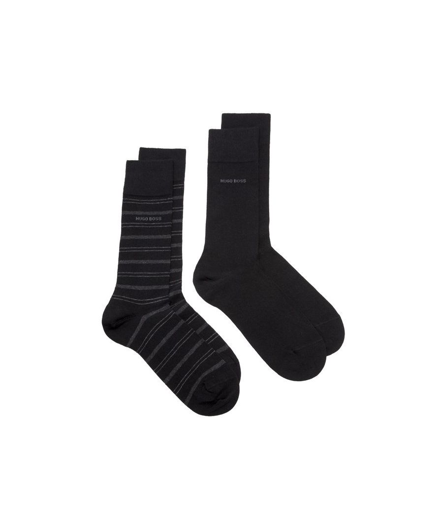 An Everyday Essential To Add To Your Collection, The Hugo Boss Twin Pack In Black Feature Both Plain And Stripe Designs. Crafted From A Soft Cotton Blend, The Embroidered Branding Gives That Final Designer Touch.
