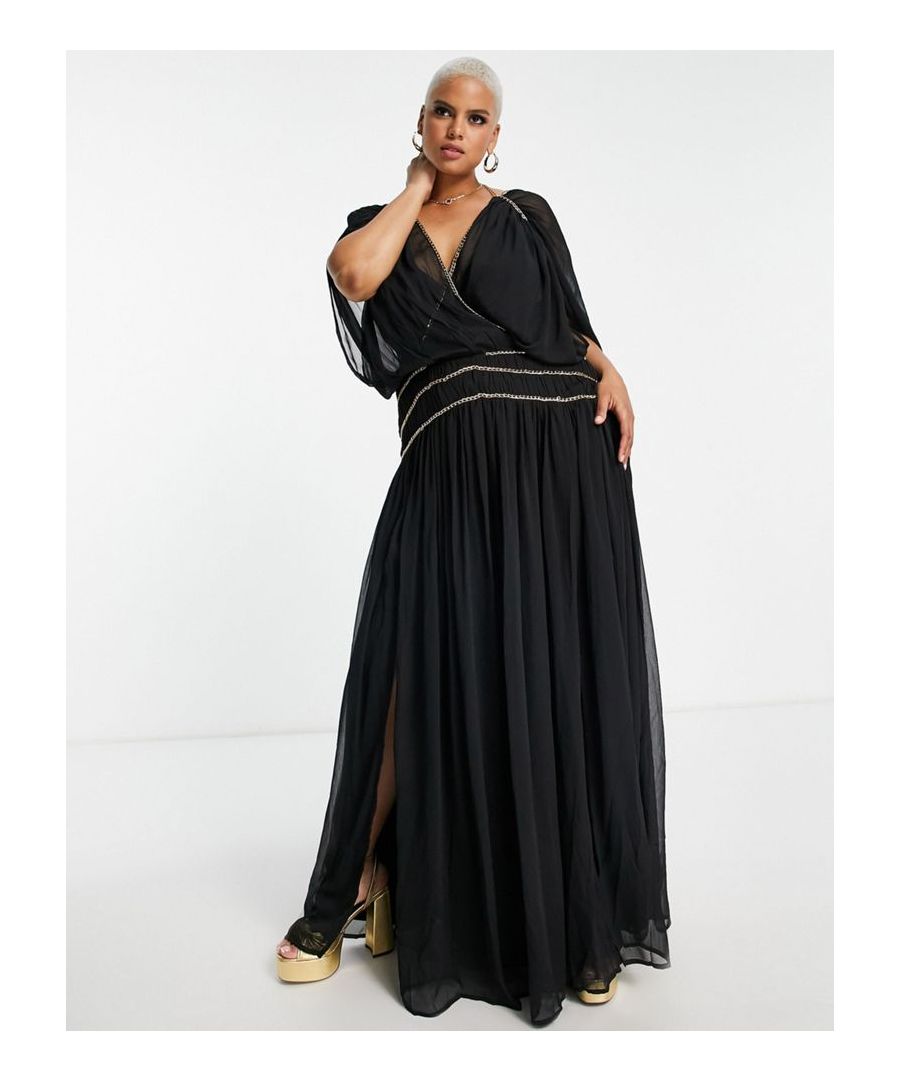 Plus-size dress by ASOS DESIGN Love at first scroll Wrap front Chain detail Zip-back fastening Relaxed fit Sold by Asos