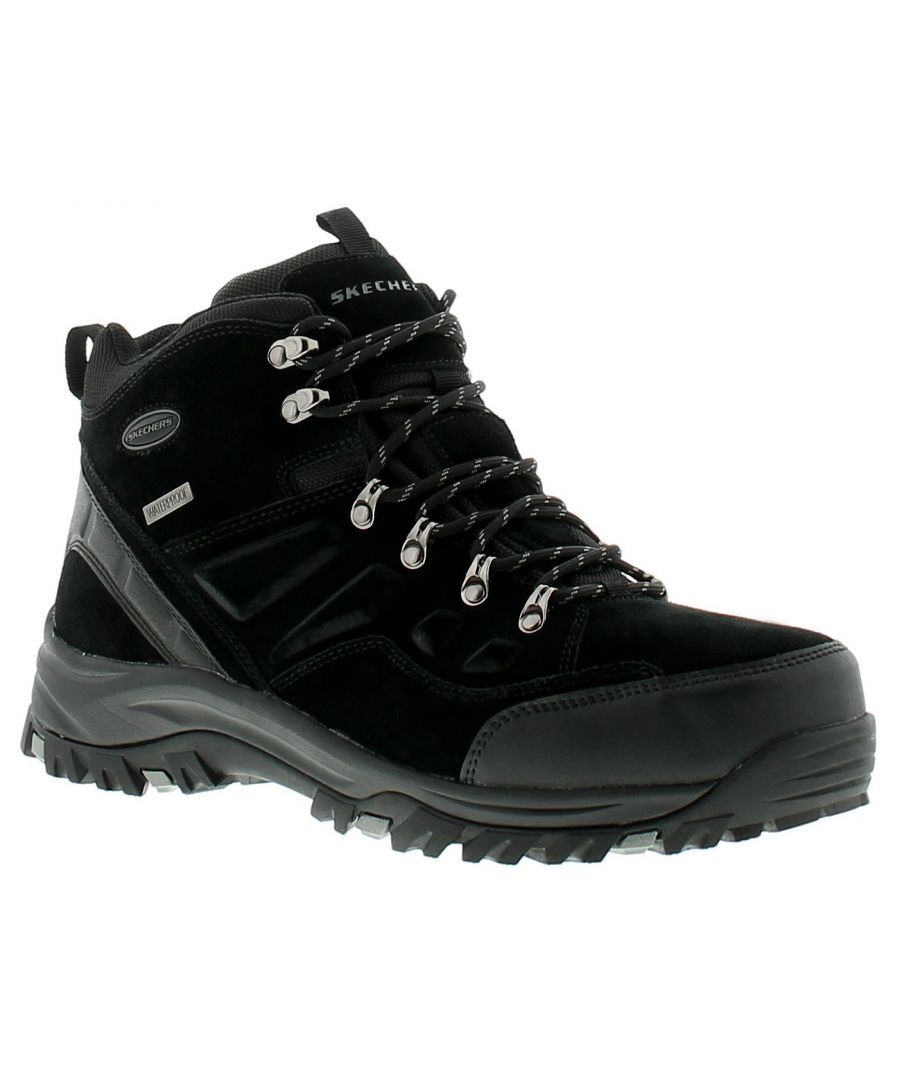 Skechers Relment Pelmo Mens Walking Hiking Boots Black. Leather Upper. Fabric Lining. Synthetic Sole. Mens Gentlemans Tie Up Boots Trecking Outdoor.