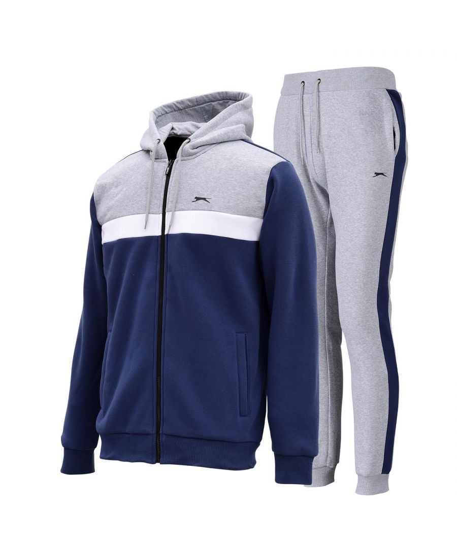 Slazenger Fleece Full Zip Tracksuit -  Crafted in a soft fleece fabrication, this tracksuit has been designed with a colour-block panel detail to the exterior in a contrasting colour-way, perfect for an everyday casual look. The hooded top features a full-length zip, drawcords to the hood, 2 slip pockets and ribbed trims to the sleeves and hem. The tracksuit bottoms feature an elasticated waistband with drawcords , 2 slip pockets and ribbed trims to the cuffs. All complete with embroidered Slazenger branding.