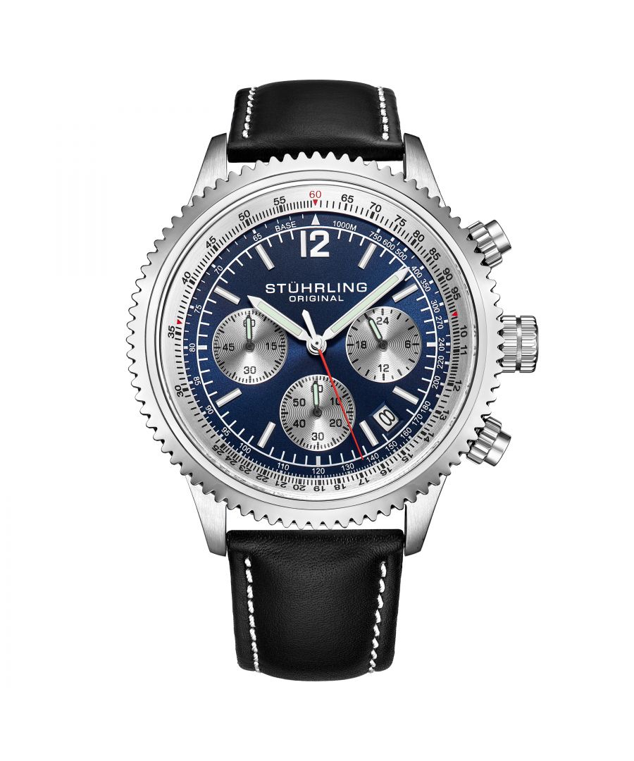 Men's Alloy Chrono Case on Black Leather Strap with White Contrast Stitching, Blue Dial, Silver Tone Bezel, with Silver Tone Accents