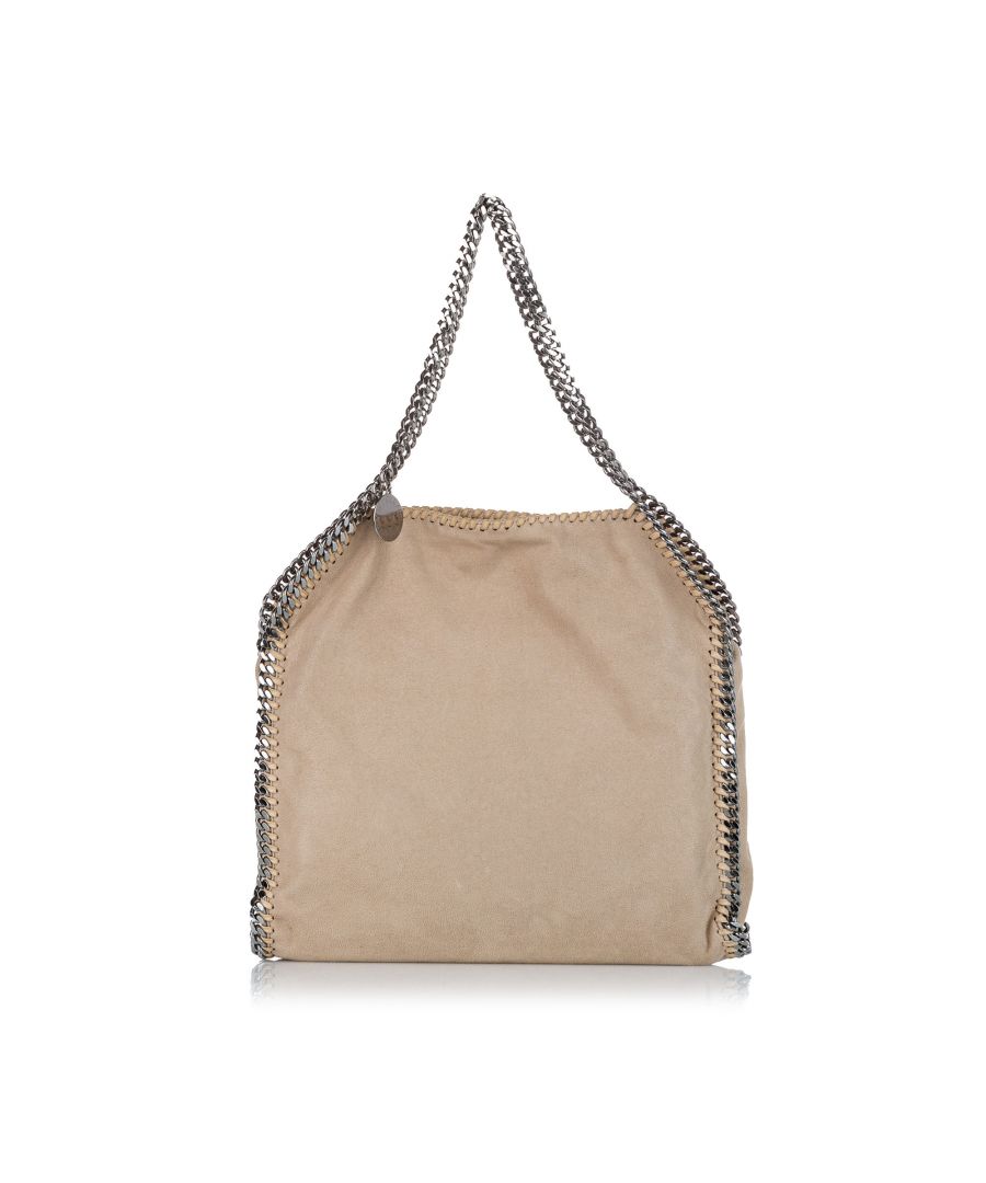 VINTAGE. RRP AS NEW. The Falabella tote bag features a fabric body, silver-tone chain straps, a top magnetic snap button closure, and an interior zip pocket.Exterior back is discolored, stained with transfer of color and transfer of color. Exterior bottom is discolored. Exterior front is discolored and transfer of color. Exterior side is discolored. Lock is scratched. Screw is scratched. Zipper is scratched and tarnished. Interior linings is discolored and transfer of color. Interior pocket is discolored.\n\nDimensions:\nLength 33cm\nWidth 37cm\nDepth 6cm\nHand Drop 23cm\n\nOriginal Accessories: Dust Bag\n\nSerial Number: None\nColor: Brown x Beige\nMaterial: Fabric x Others\nCountry of Origin: ENGLAND\nBoutique Reference: SSU173321K1342\n\n\nProduct Rating: GoodCondition\n\nCertificate of Authenticity is available upon request with no extra fee required. Please contact our customer service team.