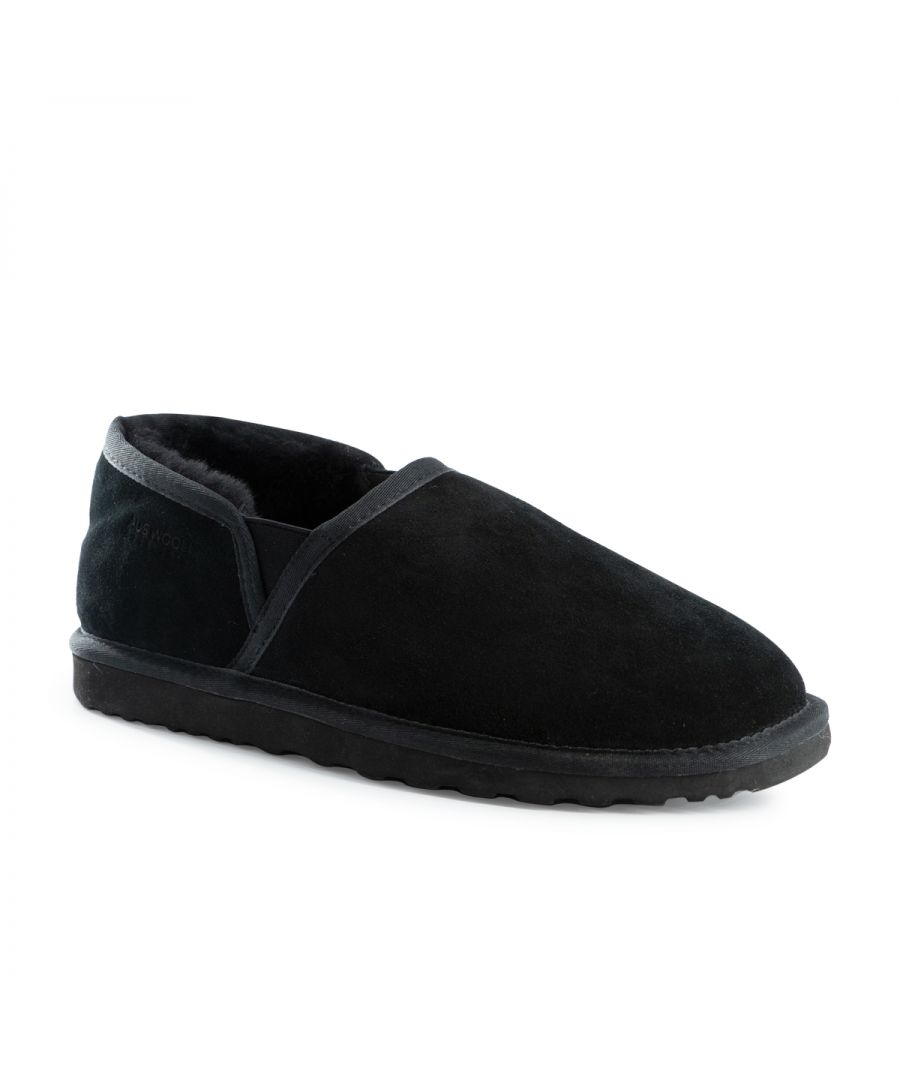 Easy slip-on slipper. Added elastic to assist with a good fit. Soft premium genuine Australian Sheepskin wool lining. Full premium leather Suede upper with Australian sheepskin insole. Sustainably sourced and eco-friendly processed. Mens sheepskin slipper - can be worn day and night. Sizing up to US Men 14. Soft EVA/Rubber outsole - extra cushioning and lightweight. Firm wool pelt for superior warmth.