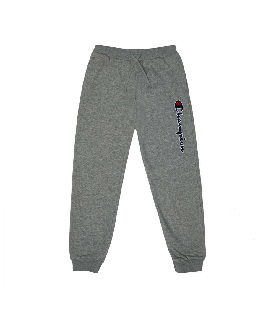 Infant Boys Champion Cuffed Jog Pant in grey marl.- Elasticated drawcord waistband.- Two side pockets.- Ribbed cuffs.- Signature branding embroidered on the leg.- Regular fit.- Body Fabric: 79% Cotton  21% Polyester. Inserts: 100% Cotton. Rib Trim: 98% Cotton  2% Elastane.- Ref:305952EM031