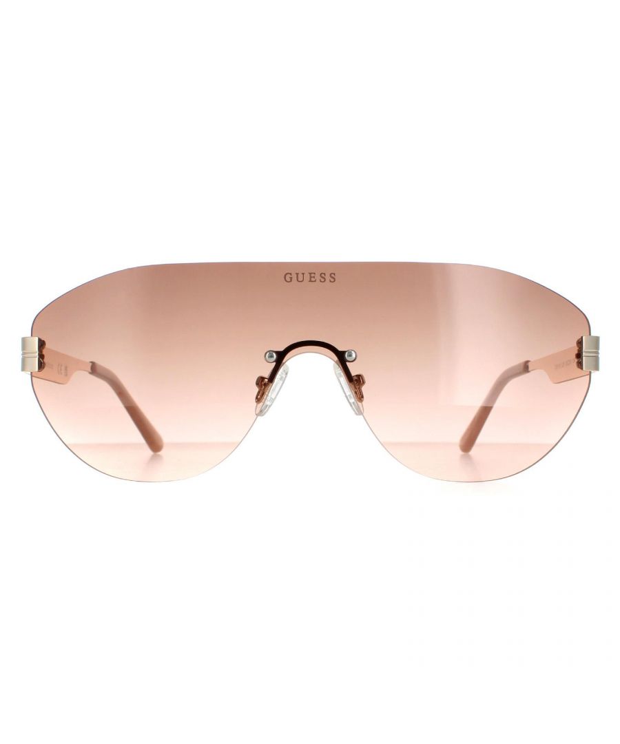 Guess Shield Womens Gold Brown Gradient GF6161  Sunglasses are a snazzy shield style crafted from lightweight metal. Silicone nose pads and plastic temple tips ensure an all round comfortable fit. The Guess logo features on the slender temples for brand authenticity.
