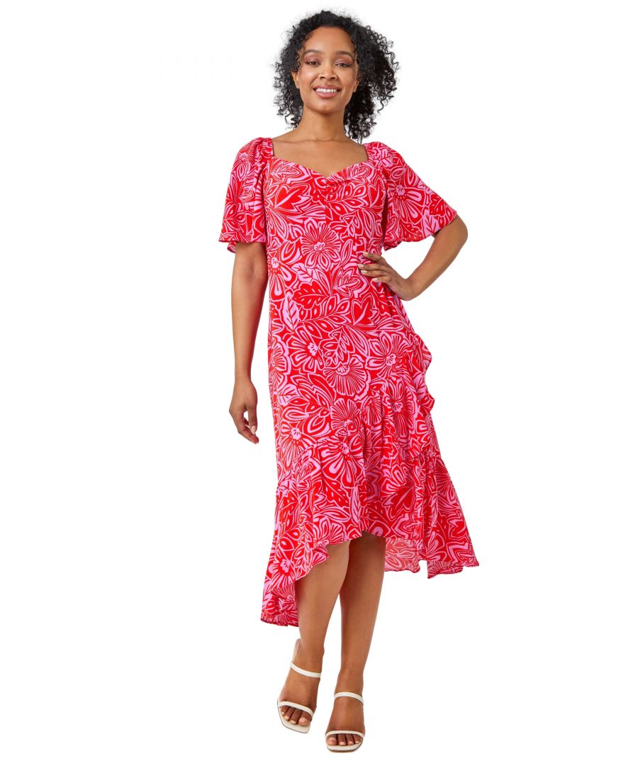 Roman Petite Womens Floral Print Ruched Midi Dress - Pink - Size 10 UK
