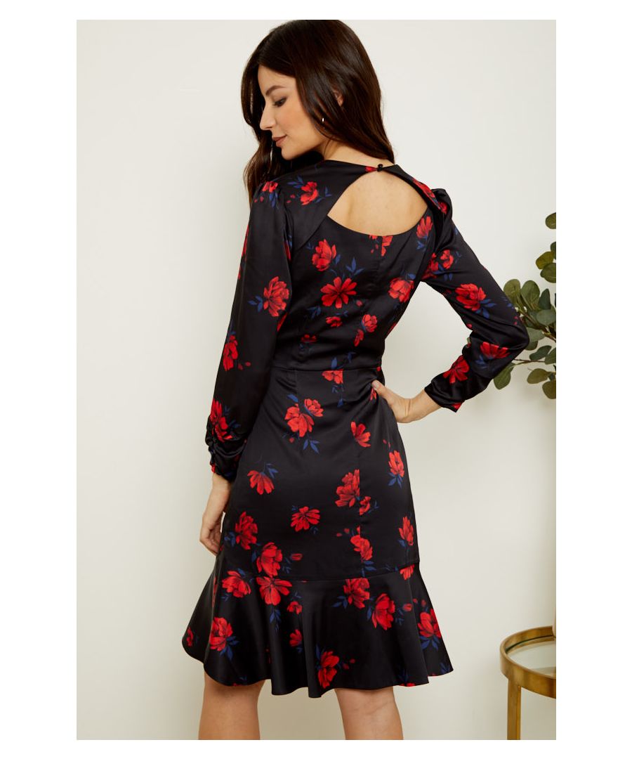 Image for Black & Red Floral Print Fit & Flare Dress