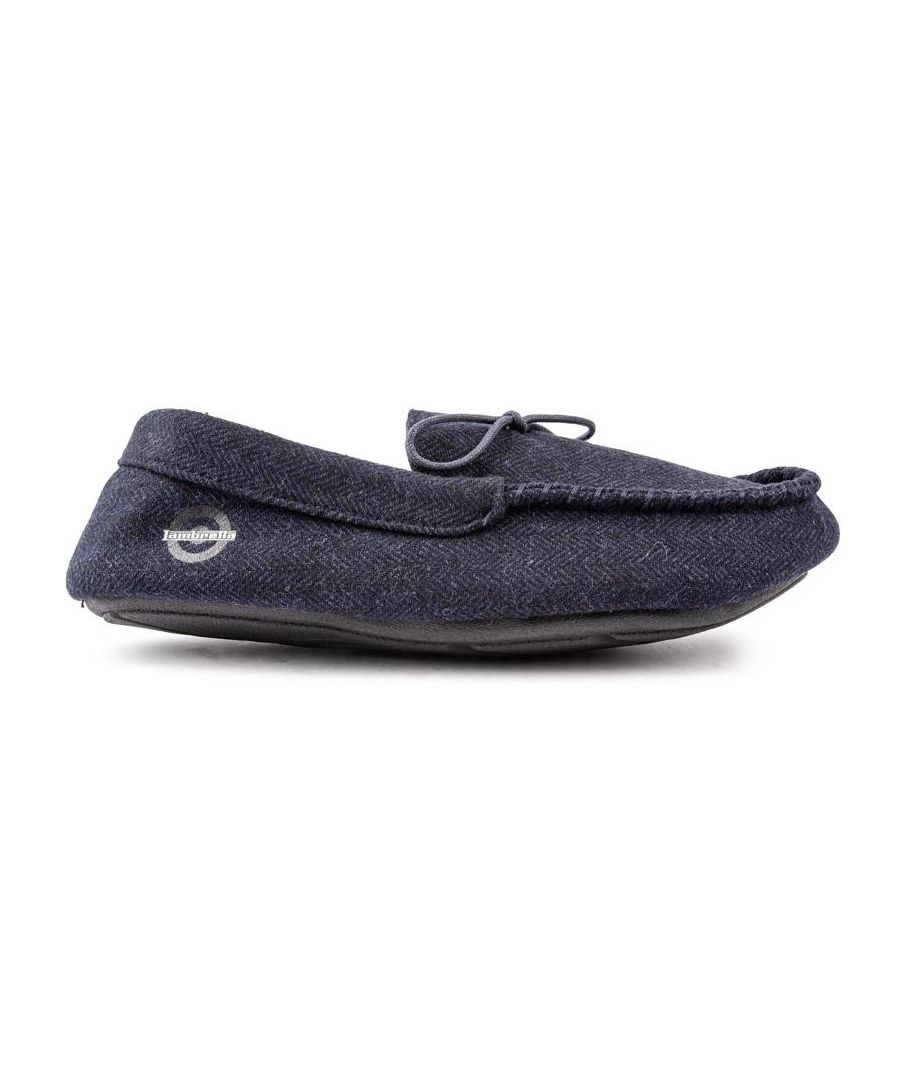 Mens blue Lambretta bear slippers, manufactured with textile and a synthetic sole. Featuring: check lining, branded to the side and moccasin design.