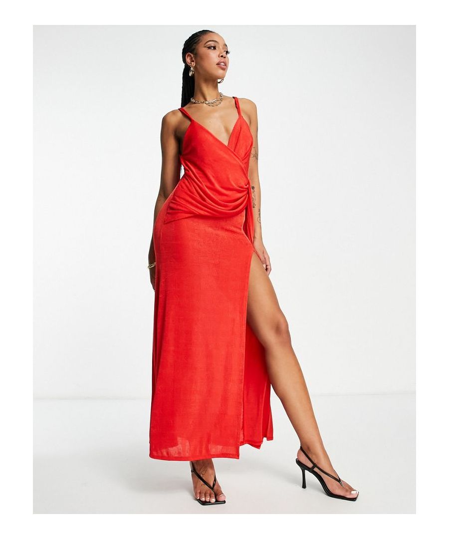 Maxi dress by ASOS DESIGN Thanks, it's ASOS Plunge neck Fixed-wrap waist Open back Extreme thigh split Regular fit  Sold By: Asos
